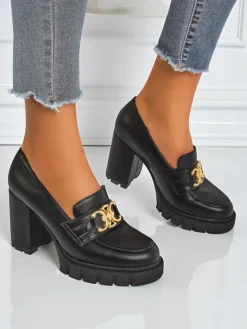 Damskie czółenka Nero Aurora na słupku ze złotą klamrą, skóra eko