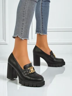 Damskie czółenka Nero Aurora na słupku ze złotą klamrą, skóra eko