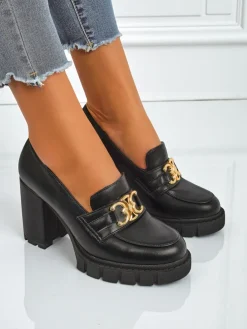 Damskie czółenka Nero Aurora na słupku ze złotą klamrą, skóra eko