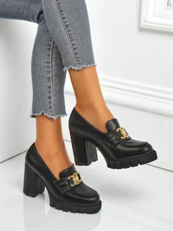 Damskie czółenka Nero Aurora na słupku ze złotą klamrą, skóra eko