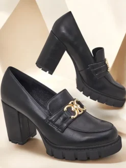 Damskie czółenka Nero Aurora na słupku ze złotą klamrą, skóra eko