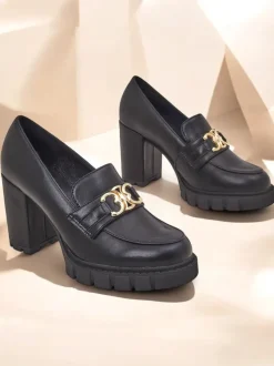 Damskie czółenka Nero Aurora na słupku ze złotą klamrą, skóra eko