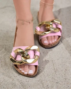 Damskie klapki Atalanta Royalfashion z łańcuchem – jasnoróżowe skóra eko