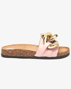 Damskie klapki Atalanta Royalfashion z łańcuchem – jasnoróżowe skóra eko