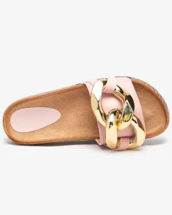 Damskie klapki Atalanta Royalfashion z łańcuchem – jasnoróżowe skóra eko