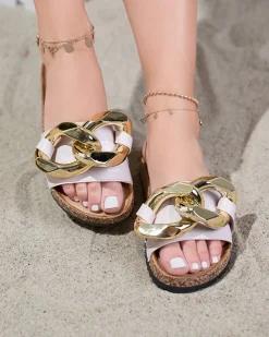 Damskie klapki Coralia Royalfashion ecru na platformie z łańcuchem