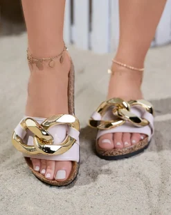 Damskie klapki Coralia Royalfashion ecru na platformie z łańcuchem