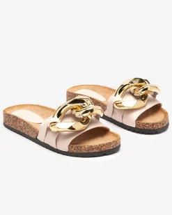 Damskie klapki Coralia Royalfashion ecru na platformie z łańcuchem