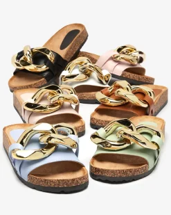 Damskie klapki Coralia Royalfashion ecru na platformie z łańcuchem