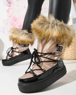 Damskie lakierowane buty a'la śniegowce w złoto- różowym kolorze Fursav- Obuwie