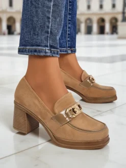Damskie Loafers Perseida – jasnobrązowe zamszowe na słupku eleganckie