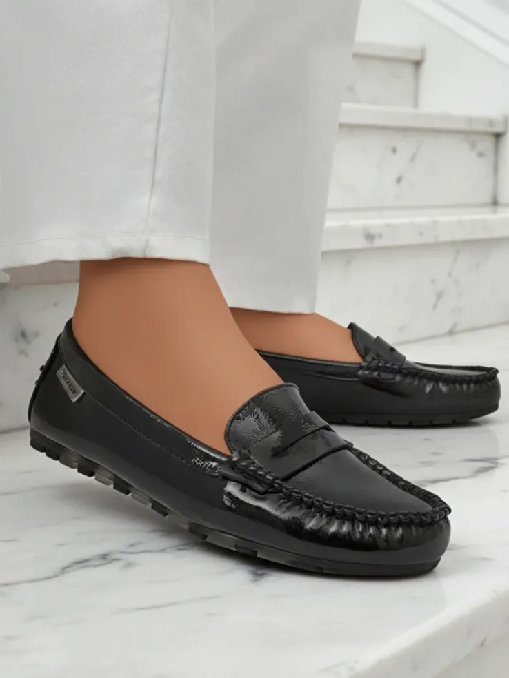 Damskie Mokasyny Cyra Nero z ekoskóry lakierowanej, klasyczny styl włoski