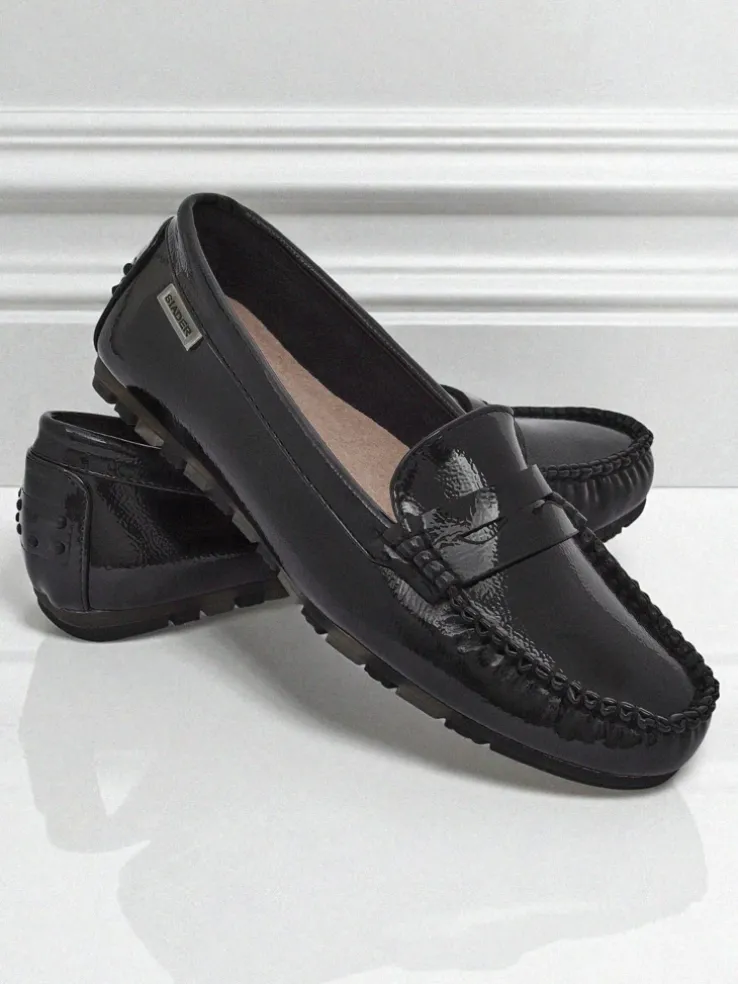 Damskie Mokasyny Cyra Nero z ekoskóry lakierowanej, klasyczny styl włoski