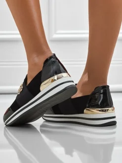 Damskie slip-ony Elektra Nero ze złotym akcentem, skóra ekologiczna, 3,5cm