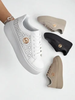 Damskie sneakersy Aelia Royalfashion na platformie białe ażurowe ecru