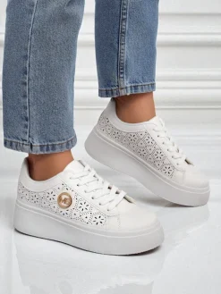 Damskie sneakersy Aelia Royalfashion na platformie białe ażurowe ecru