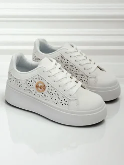 Damskie sneakersy Aelia Royalfashion na platformie białe ażurowe ecru