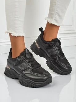 Damskie sneakersy Arete Nero na płaskim spodzie ze skóry ekologicznej