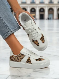 Damskie Sneakersy Calista Leopardia – Białe Skóra Eko Tkanina Wiosna 4cm