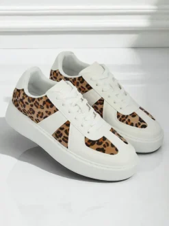 Damskie Sneakersy Calista Leopardia – Białe Skóra Eko Tkanina Wiosna 4cm