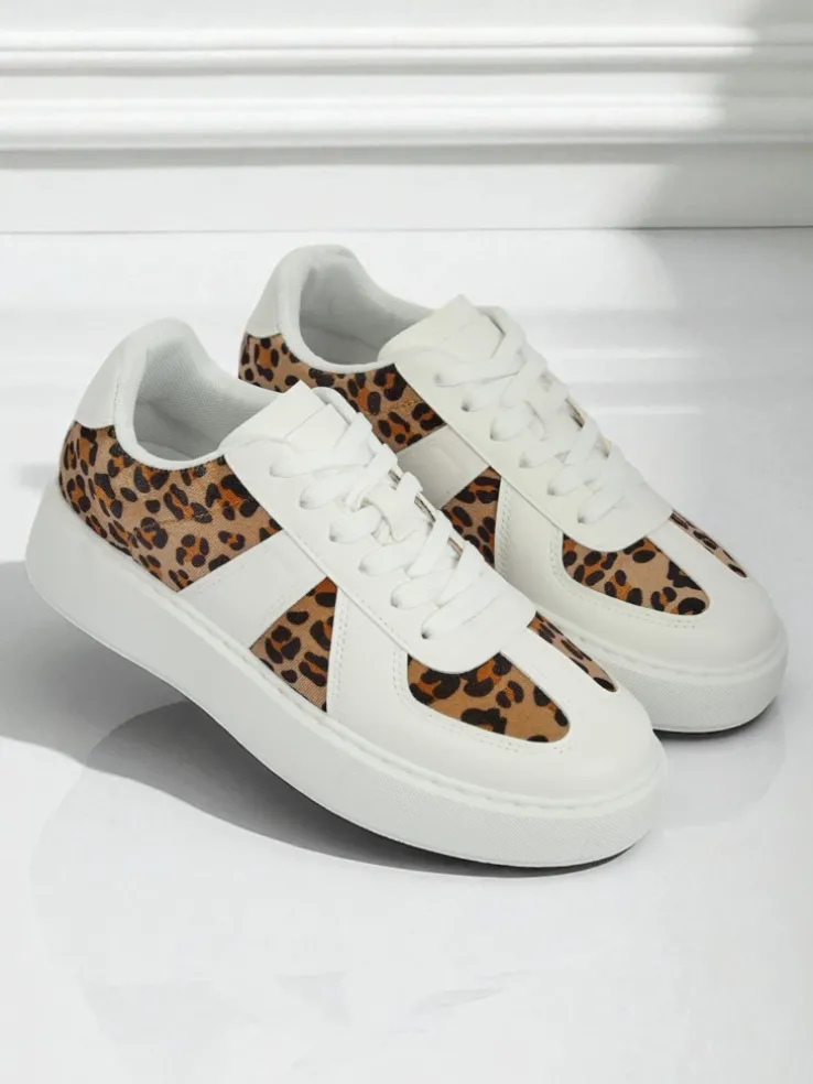 Damskie Sneakersy Calista Leopardia – Białe Skóra Eko Tkanina Wiosna 4cm