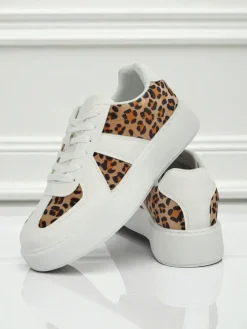 Damskie Sneakersy Calista Leopardia – Białe Skóra Eko Tkanina Wiosna 4cm