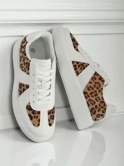 Damskie Sneakersy Calista Leopardia – Białe Skóra Eko Tkanina Wiosna 4cm