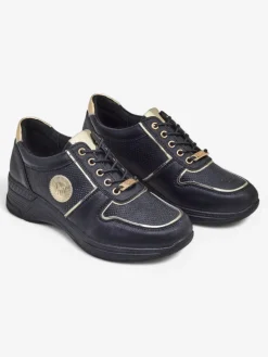 Damskie sneakersy koturny Callista Nero skóra ekologiczna czarne