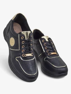 Damskie sneakersy koturny Callista Nero skóra ekologiczna czarne