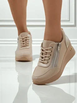 Damskie sneakersy koturny HeraBea beżowe ze skóry ekologicznej 6,5 cm z zamkiem