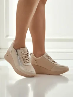 Damskie sneakersy koturny HeraBea beżowe ze skóry ekologicznej 6,5 cm z zamkiem