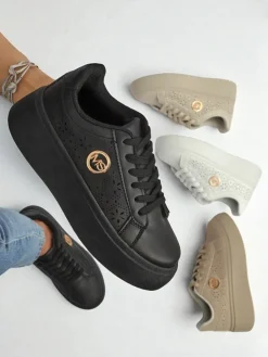 Damskie sneakersy platforma Perseida Royalfashion czarne skóra ekologiczna