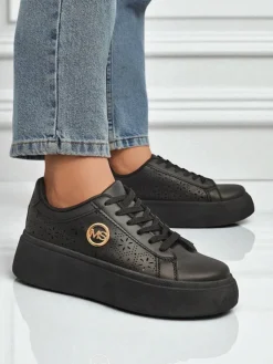 Damskie sneakersy platforma Perseida Royalfashion czarne skóra ekologiczna