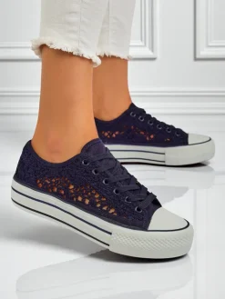 Damskie trampki Aureliana Granatowe z tkaniny ażurowej na płaskiej podeszwie