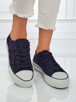 Damskie trampki Aureliana Granatowe z tkaniny ażurowej na płaskiej podeszwie