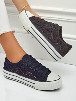Damskie trampki Aureliana Granatowe z tkaniny ażurowej na płaskiej podeszwie