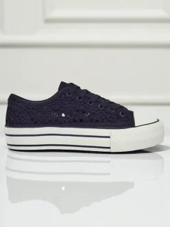 Damskie trampki Aureliana Granatowe z tkaniny ażurowej na płaskiej podeszwie