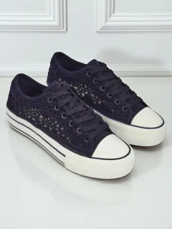 Damskie trampki Aureliana Granatowe z tkaniny ażurowej na płaskiej podeszwie