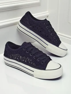 Damskie trampki Aureliana Granatowe z tkaniny ażurowej na płaskiej podeszwie