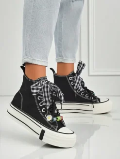 Damskie trampki Callisto Czarne platformy z tkaniny z akcentami retro