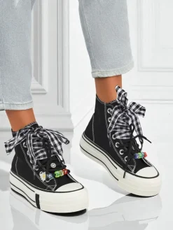 Damskie trampki Callisto Czarne platformy z tkaniny z akcentami retro