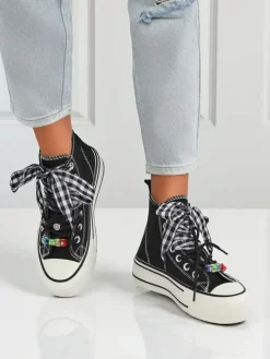 Damskie trampki Callisto Czarne platformy z tkaniny z akcentami retro