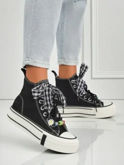 Damskie trampki Callisto Czarne platformy z tkaniny z akcentami retro