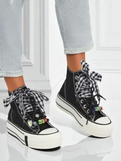 Damskie trampki Callisto Czarne platformy z tkaniny z akcentami retro