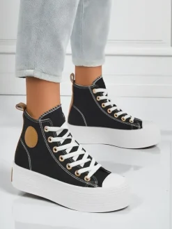 Damskie trampki Callisto Nero na platformie, tkanina, czarne, lato/jesień