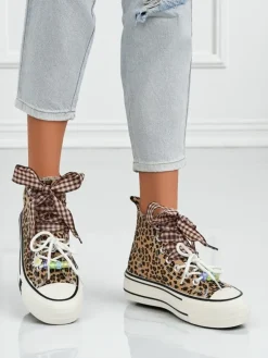 Damskie trampki Leonora Leo brązowe na platformie – styl włoski, tkanina