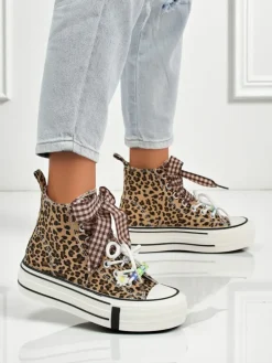 Damskie trampki Leonora Leo brązowe na platformie – styl włoski, tkanina