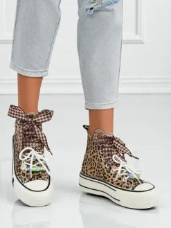 Damskie trampki Leonora Leo brązowe na platformie – styl włoski, tkanina