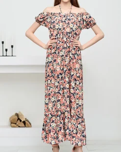 Długa letnia granatowa sukienka damska w koralowe kwiaty- Odzież
