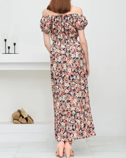 Długa letnia granatowa sukienka damska w koralowe kwiaty- Odzież